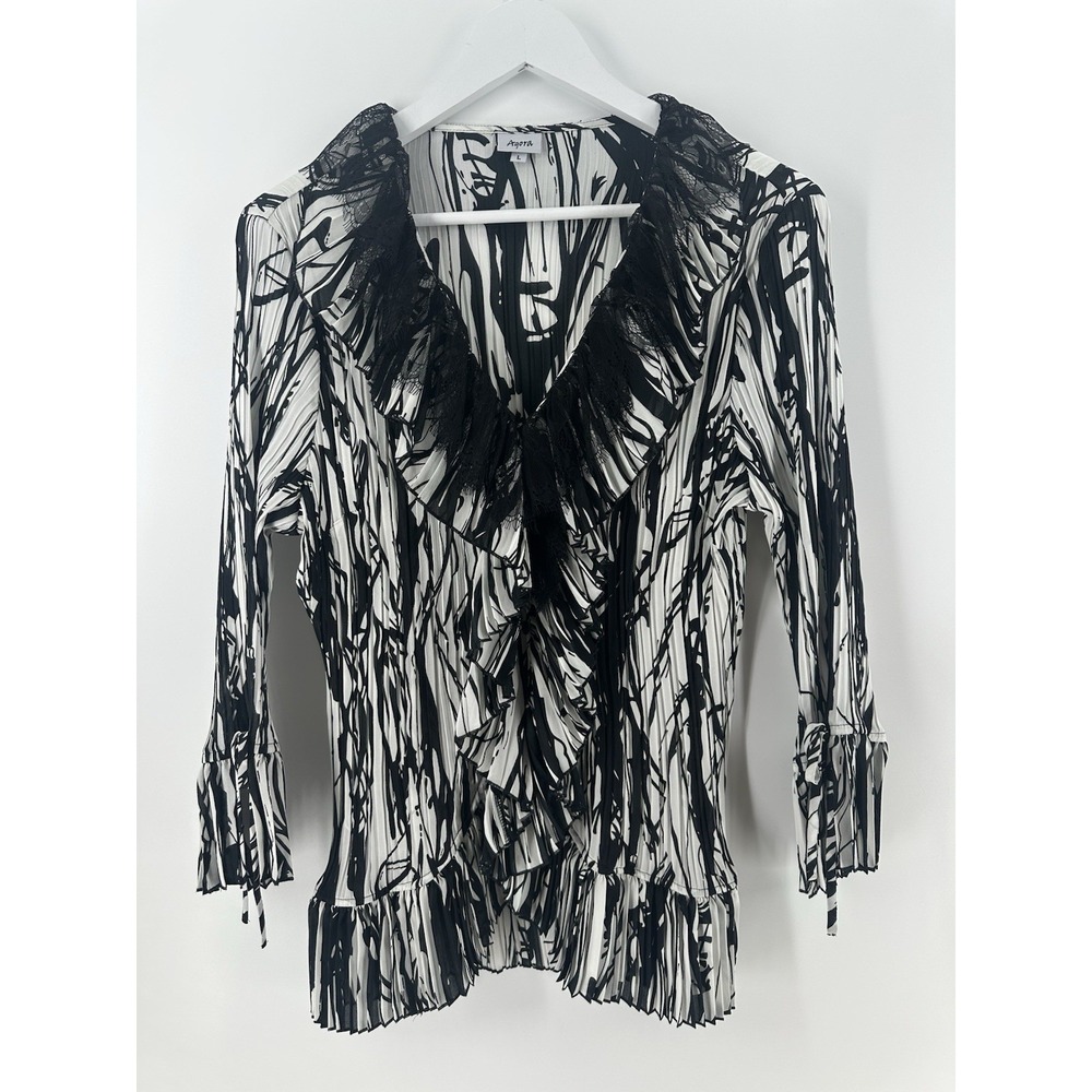 AGORA Women's Ruffled Blouse Sz‎ L White Black Long Sleeve Lace Crinkled AC23